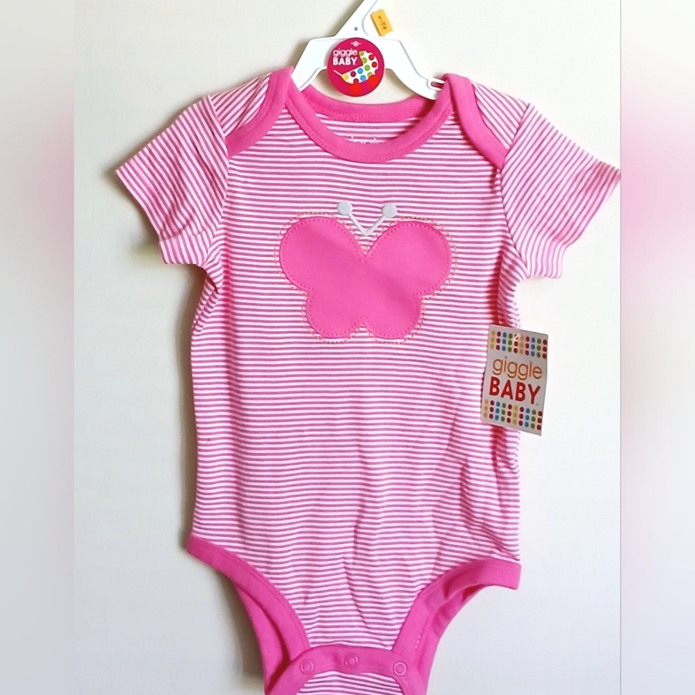GIGGLE BABY Pink Striped Bodysuit with Butterfly Appliqué 6-12 Months